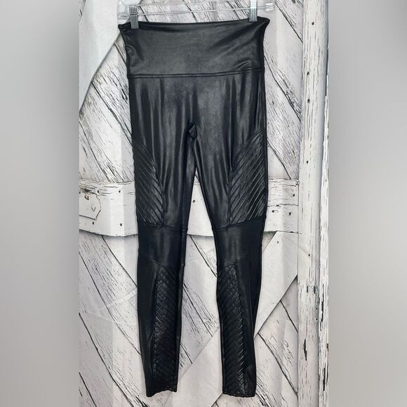 SPANX Moto Leggings Faux Leather Black Ribbed M - Picture 4 of 9